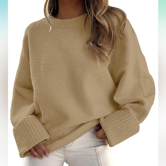Anrabess Sweaters - Beige soft fleece sweater with crew neck & bell sleeves